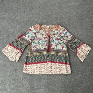 Fig And Flower Blouse Womens Large Multicolor Boho Floral Peasant Top PAT1485
